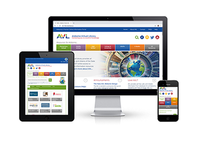 Graphic showing new AVL website on different devices; phone, tablet, full screen 